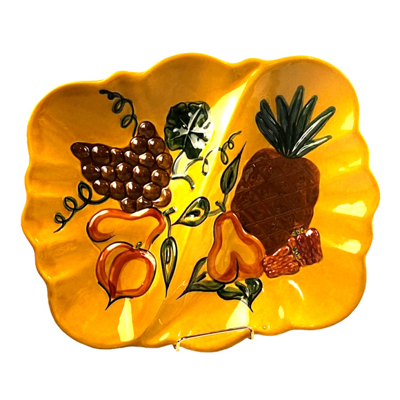 California Art Pottery Divided Platter Yellow/Orang/Fruit Hand Painted USA - Picture 1 of 3